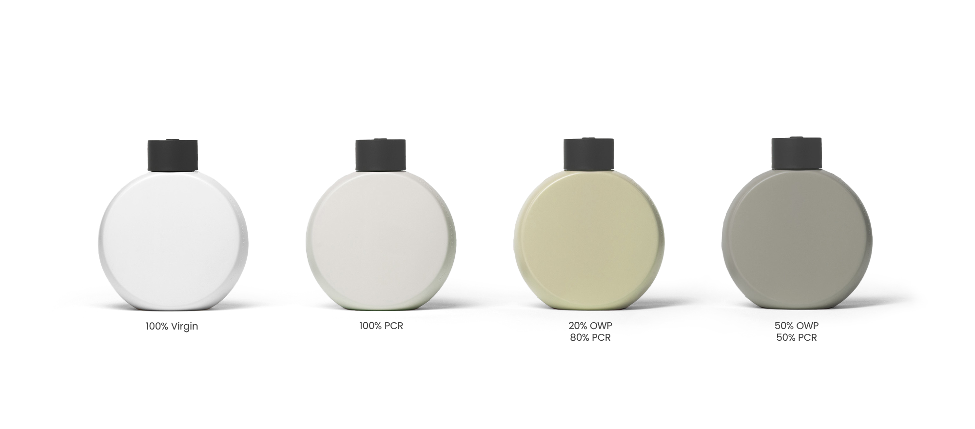 Bottles in OWP HDPE in four shades, from light to gray