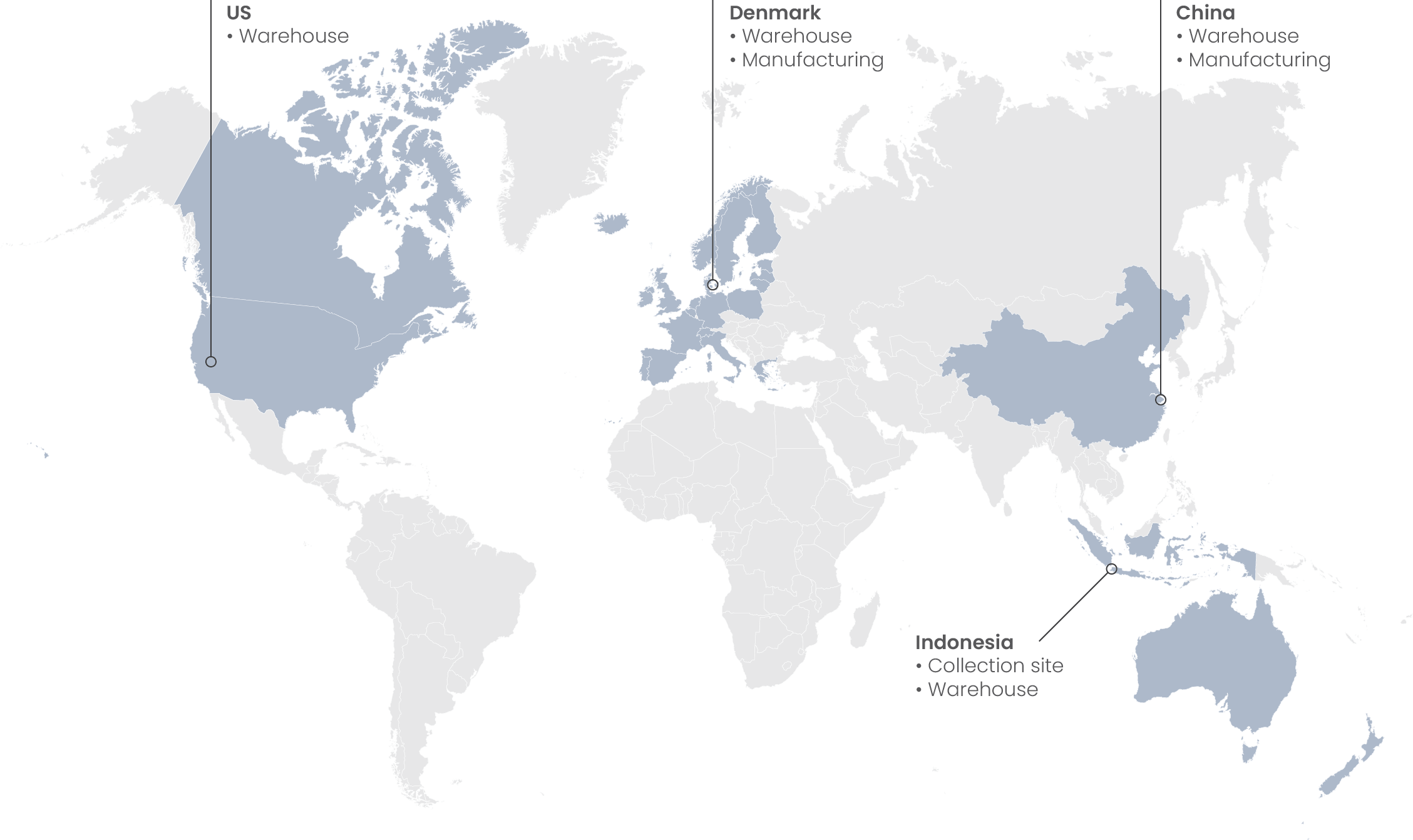 World map of Pack Tech sales representation and warehouses