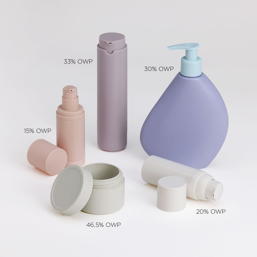 Bottles, jars and tubes labeled with their OWP share